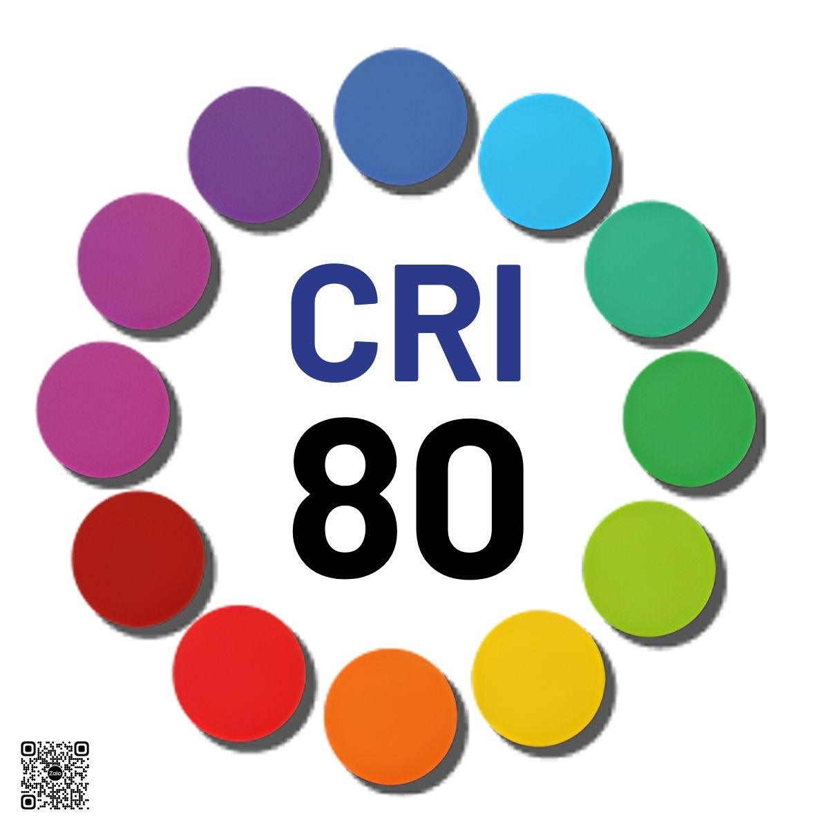 Biểu tượng chỉ số hoàn màu CRI 80 với vòng tròn các chấm màu thể hiện chất lượng ánh sáng